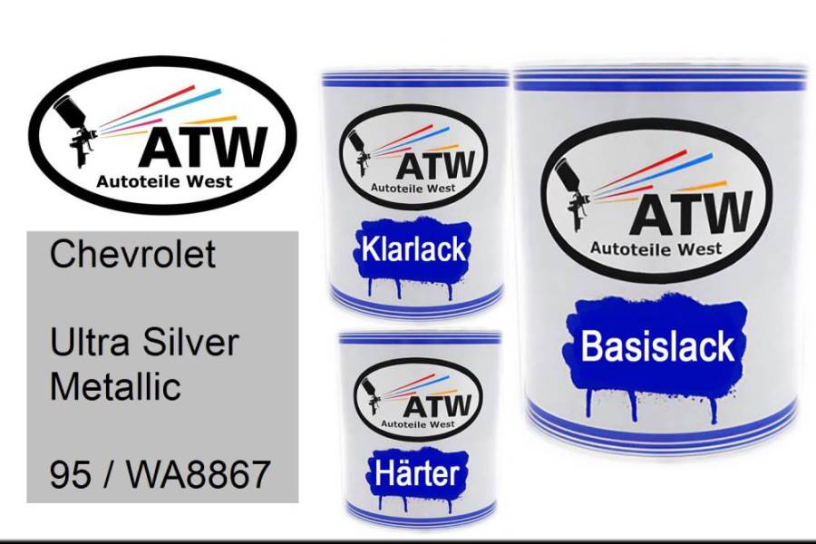 Chevrolet, Ultra Silver Metallic, 95 / WA8867: 1L Lackdose + 1L Klarlack + 500ml Härter - Set, von ATW Autoteile West.